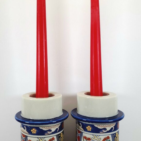 Imari Style Porcelain Candlestick Set of 2 Asian Inspired Blue Red Floral Candle - Picture 4 of 7